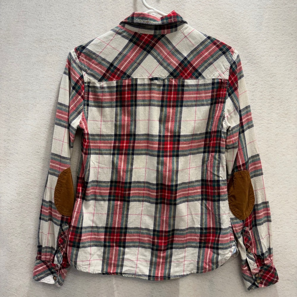LOGG H&M Womens 8 Red Plaid Flannel Button Down Shirt Corduroy Patches Preppy - Picture 7 of 10